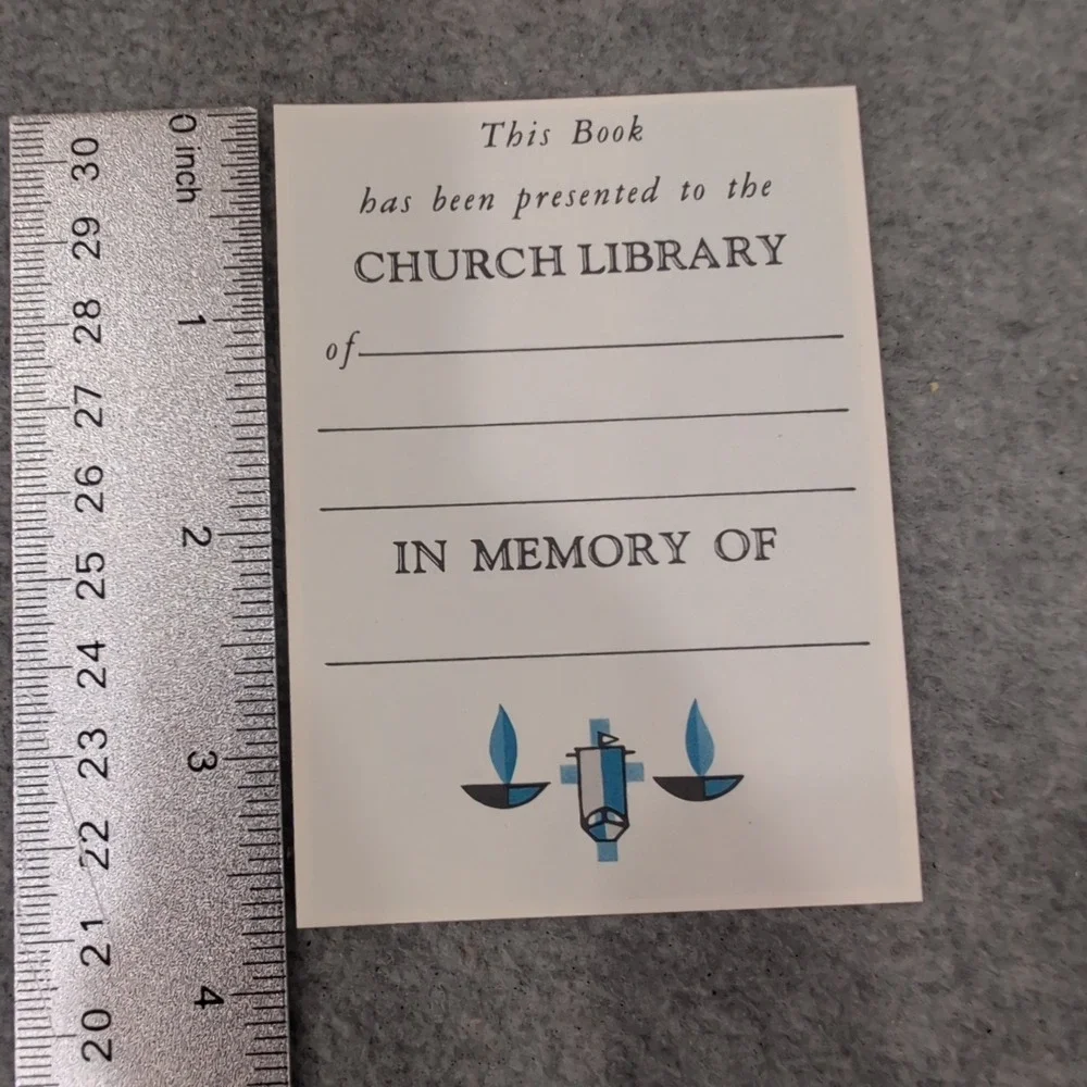Vintage Blank Church Library Memorial Bookplate‎ Donation Label Cream Blue NM